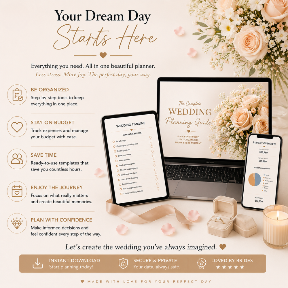 The NEW Complete Wedding Guide 2026 | Budget Tracker, Checklists, Vendor Scripts (PDF + Google Sheets)