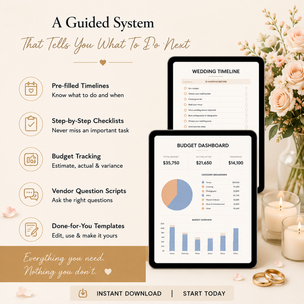 The NEW Complete Wedding Guide 2026 | Budget Tracker, Checklists, Vendor Scripts (PDF + Google Sheets)
